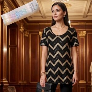 LULAROE Womens XS Black Gold Chevron Sequin Sparkle Tunic Top Simply Comfortable